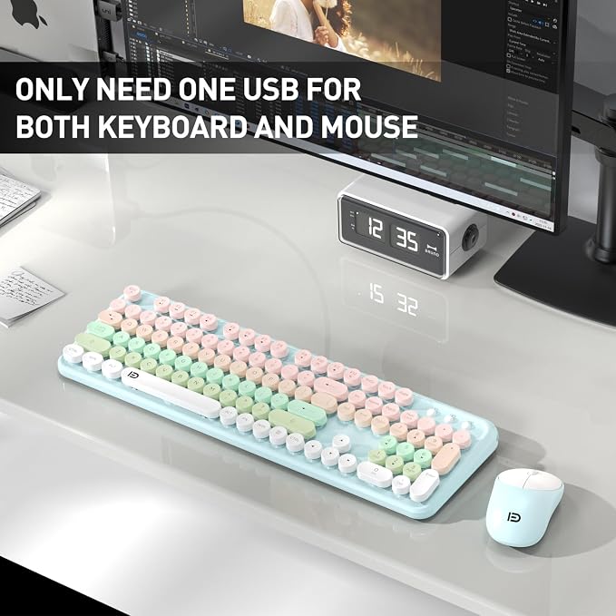 Wireless Keyboards Mouse Combos, Colorful Cute Typewriter Full-Size Retro Round Keycaps, 2.4GHz Cordless Sleep Mode Office Quiet Wireless Keyboard and Mouse Set for Desktop Laptop PC Computer