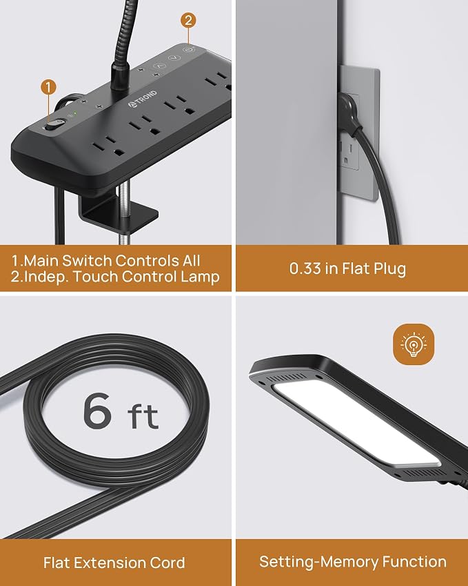TROND LED Desk Lamp with Clamp Power Strip - Eye Caring Desk Light with 4 Surge Protector Outlet, 15 Lighting Mode, 6ft Flat Plug Extension Cord, Gooseneck for Home Office College Dorm Room Essentials