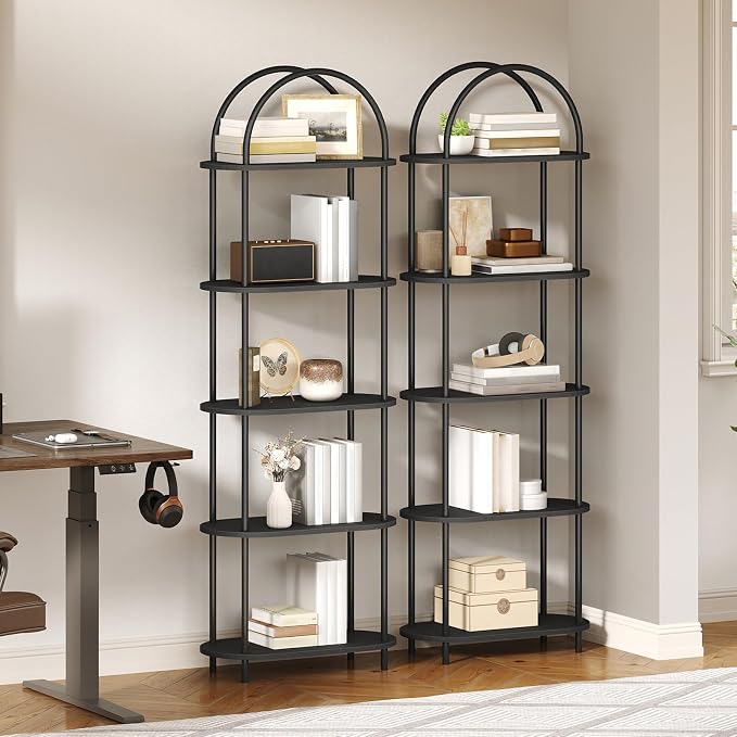 HOOBRO 5 Tier Open Bookshelf, Industrial Arched Bookcase Display Shelf Rack, Wooden Bookcase Storage Shelf Metal Frame, Tall Storage Organizer for Home, Easy Assembly, Black BB176SJ01