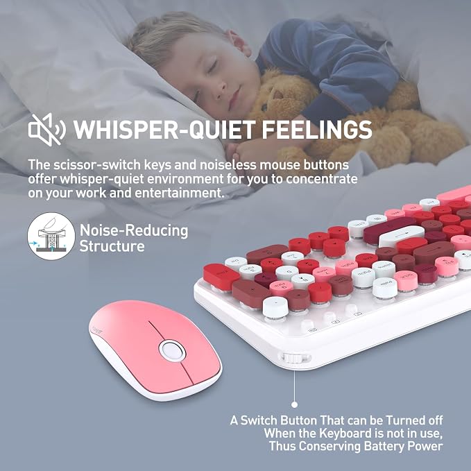 FOPETT 2.4GHz Wireless Keyboard and Mouse Set with Switch Button - Full-Size Keyboard - Compatible for Windows/Laptop/PC/Notebook/Smart TV and More - White Colorful