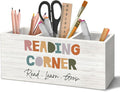 Boho Reading Corner Pen Holder Organizer for Desk Accessories, Boho Classroom Reading Wooden Box Desk Decorations for School Kids Room Bedroom Decor, Book Lovers Reader Bookish Gifts