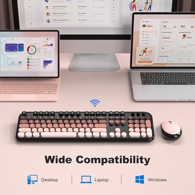 Wireless Keyboard Mouse Combo - Lovely BlackBerry-Gradient Rainbow Full-Sized Typewriter Colorful Keyboards, Round Keycap Plug Play Retro Cute Keyboards for Windows, Laptop, PC, Desktop, Computer