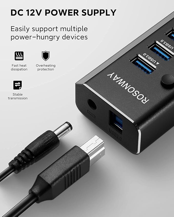 USB Hub 3.0 Powered Rosonway Aluminum 7 Ports USB 3.0 Data Hub Splitter with 24W (12V/2A) Power Adapter and Individual On/Off Switches USB Port Expander for PC and Laptop (RSH-A37S)