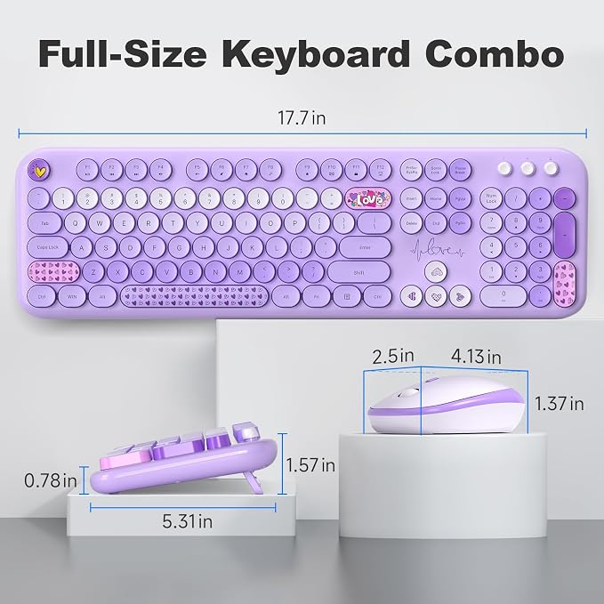 Wireless Keyboard and Mouse, Typewriter Full Size Keyboard with Number Pad and 2 in 1 USB Connected Mouse for Windows 7/8/10, Laptop, Desktop, PC, Computer (Purple Colorful)