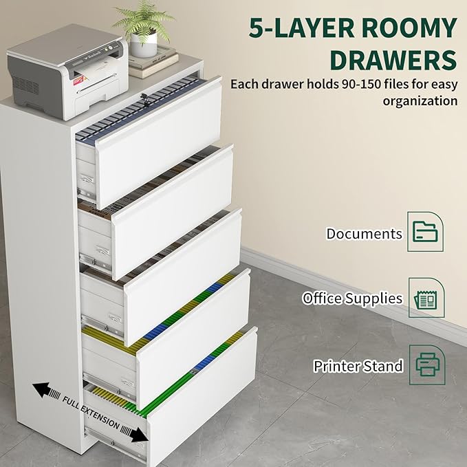 5 Drawer Lateral File Cabinet with Lock, File Cabinets for Home Office Legal/Letter A4 Size, File Cabinet Storage Cabinet, Require Assembly, White