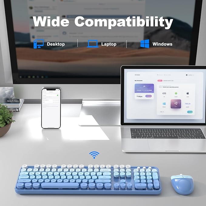 Wireless Keyboard and Mouse Combo, MOWUX Full Size Typewriter Retro Round Computer Keyboard, Cute Optical Mouse Wireless, Plug and Play, for Laptop, PC, Computer-Blue Gradient