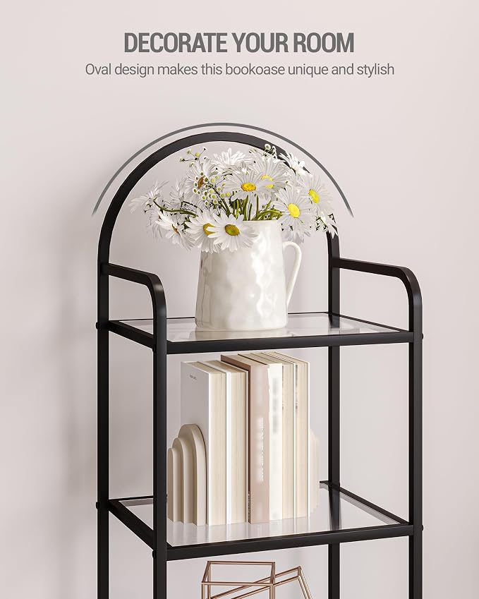 Hzuaneri Bookcase Bookshelf, Tempered Glass Bookshelves, Slim Shelving Unit for Bedroom, Bathroom, Home Office, Steel Frame, 5 Tier Black BC05001B