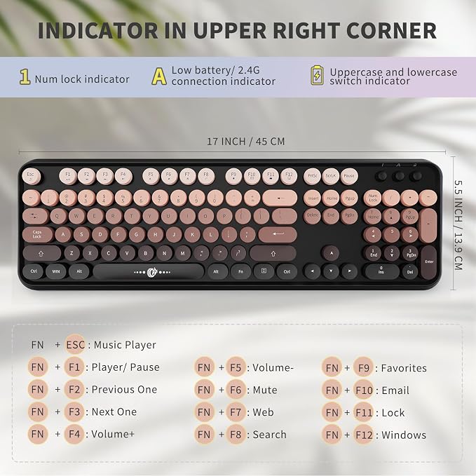 FOPETT Wireless Keyboard and Mouse Combo, 104 Keys Full-Sized 2.4 GHz Round Keycap Colorful Keyboards, USB Receiver Plug and Play, for Windows, Mac, PC, Laptop, Desktop (GradientPink)