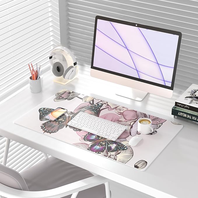 QIYI Large Mouse Pad, PU Leather Desk Blotter Protector, Waterproof Computer Desk Mat, Butterflies Keyboard Mouse Pads, Non Slip Base Home & Office Accessories, Extended Large Size 31.5" x 15.7"