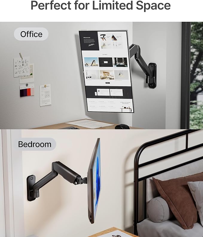 monTEK Single Monitor Wall Mount for 17 to 32 inch Flat/Curved Screens, Holds to 19.8 lbs, Full Motion Adjustable Mechanical Spring Monitor Arm, 75x75/100x100 VESA Wall Mount, Black