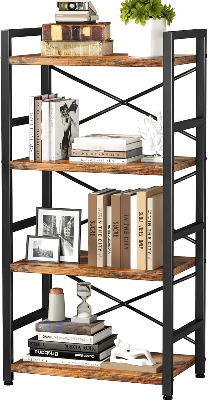 Homeiju Bookshelf, 4 Tier Small Bookcase, Organizers and Storage, Metal Small Bookcase, Rustic Book Shelf Organization and Storage for Living Room, Bedroom, and Home Office(Rustic Brown)