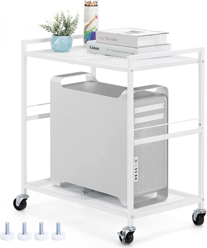 YBING Computer Tower Stand White PC Tower Stand 2 Tier CPU Holder with Wheels Metal Mobile Computer Tower Cart Rolling PC Cart Floor for Fax Home Office