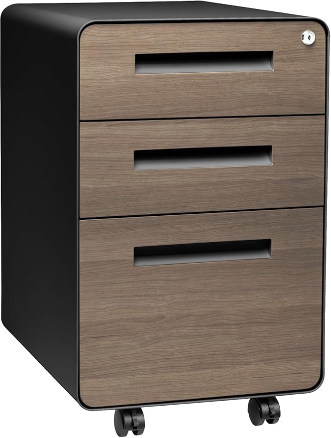 Laura Davidson Furniture Stockpile 3 Drawer File Cabinet with Lock - Under Office Desk Metal Filing Cabinet, Legal/Letter File Folders, Wheels and Stationary Feet, Pre-Assembled, Black/Wood