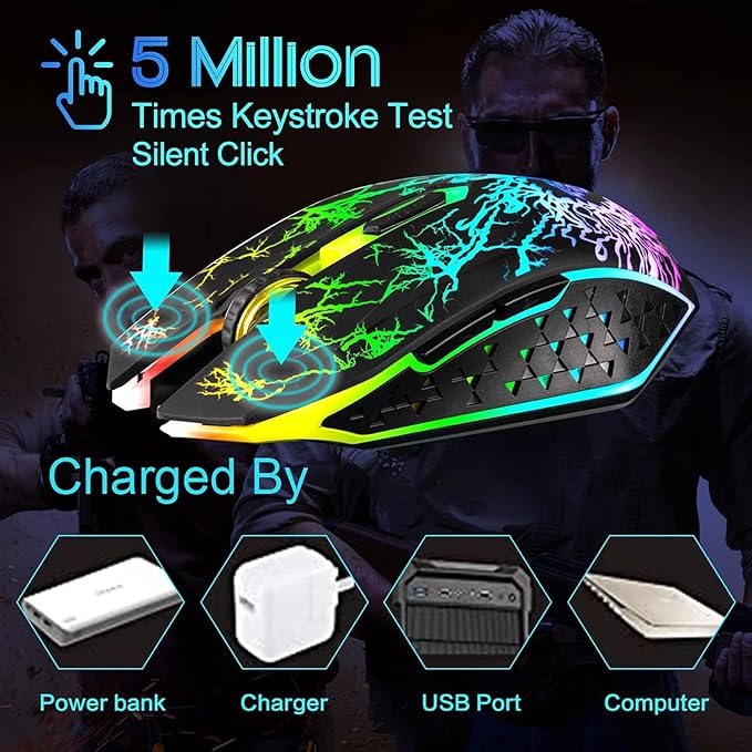 VEGCOO Wireless Gaming Mouse, Rechargeable Gaming Mouse, Silent Optical Mice with 2.4G USB Receiver, 3 Level DPI, 6 Buttons, 7 Colors LED Lights for PC/Mac Gamer, Laptop and Desktop