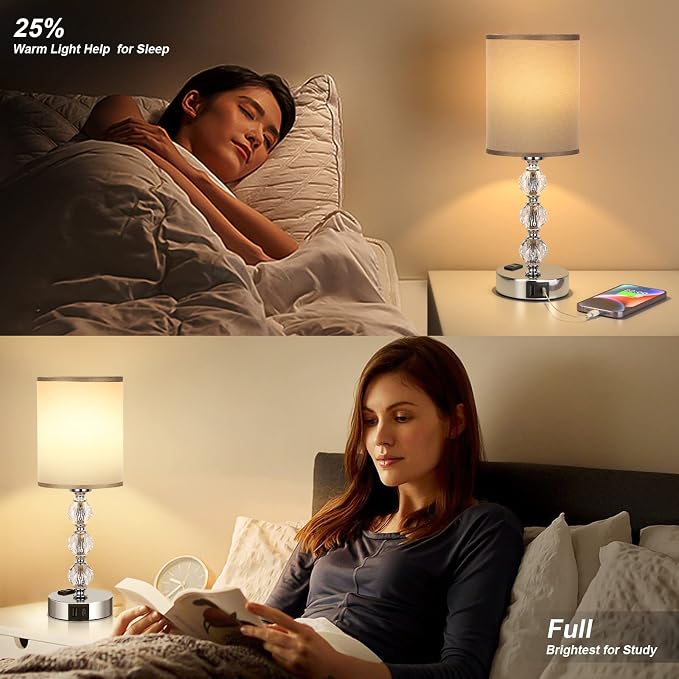 Grey Touch Bedside Lamps for Bedrooms - Crystal Table Lamp with USB C+A Charging Port and AC Outlet Nightstand, 3 Way Dimmable Silver Small End Side Table Lamp for Living/Guest/Dinning Room/Kitchen