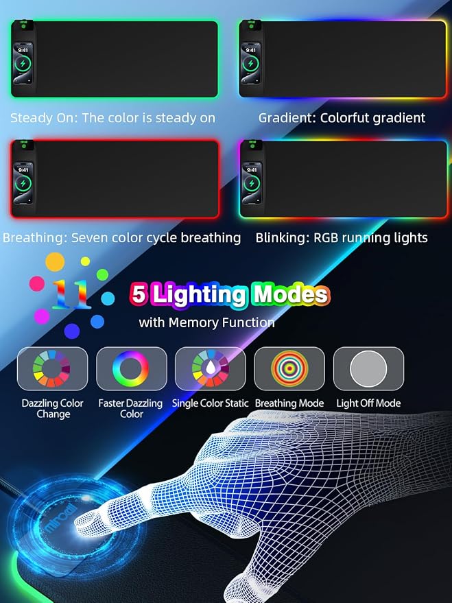 Magnetic Charging Mouse Pad, 31.5x11.81 Inch XL Gaming Mousepad, 11+5 RGB Lighting Modes, Home Office Large Desk Pad with Ultra-Smooth Surface, Non-Slip, Waterproof Keyboard Pad Classic Black Desk Mat