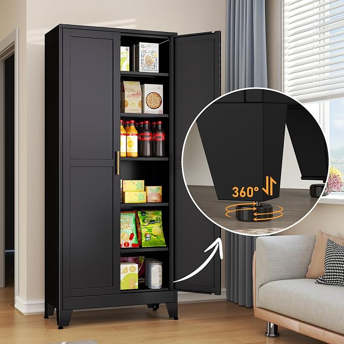 Black Metal Storage Cabinet,75" Steel Cabinets for Home Office, Kitchen Pantry Storage Cabinet with Doors and 5 Adjustable Shelves, Tool Cabinets, for Office, Home, Garage, School