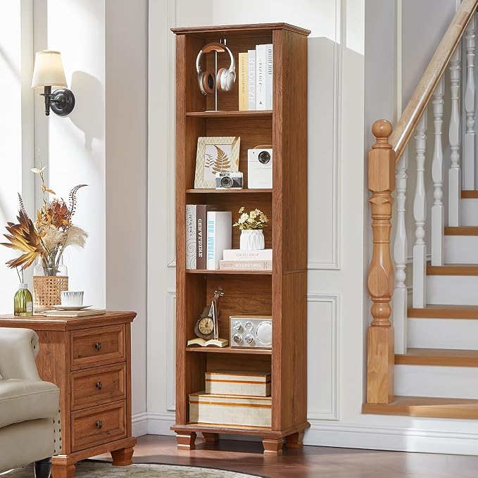 SAVOR LIFE Narrow Brown Book Shelf, 70" Tall Skinny Bookshelf with Adjustable Shelves & Wooden Legs, Farmhouse Wood Bookcase w/5-Tier Open Storage, Free Standing Book Case for Office,Living Room,3PCS