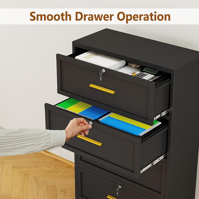 Metal Lateral File Cabinet with Lock,2 Drawer Steel Wide Filing Organization Storage Cabinets for Legal/Letter/A4/F4 Size with Hanging Files&Key,Lockable Printer Stand for Home Office, Black