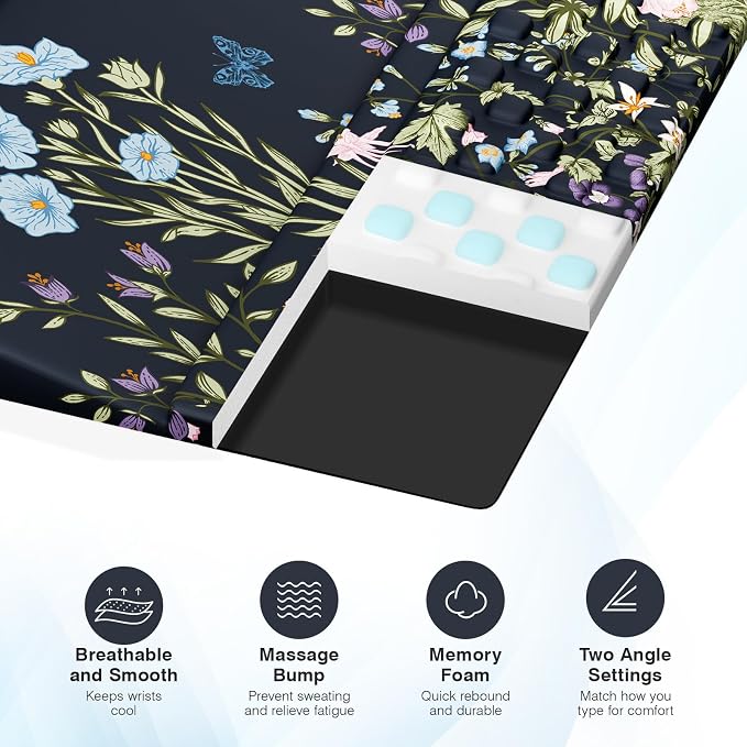 Ospelelf Ergonomic Mouse Pad and Keyboard Stand Wrist Rest Set, Memory Foam Comfort, Pain Relief for Typing, Office Desk Accessories, Moonlit Blossoms