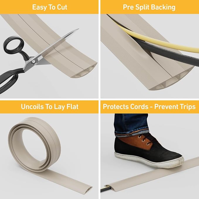D-Line 30ft Floor Cord Cover, Floor Cable Protector, Extension Cord Cover, Protect Wires & Prevent Cable Trips, Cable Management Solution - Cord Cavity = 0.63" (W) x 0.31" (H) - Beige