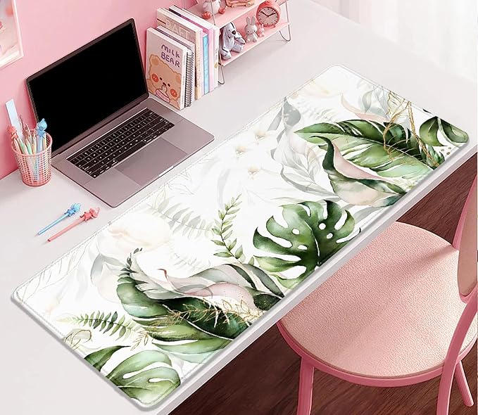 Green Tropical Leaves Mouse Pad Desk Pad,Green Sage Plant Extended Gaming Mouse Mat with Stitched Edges Non-Slip Waterproof Rubber Base Mous Mat for Office Home Game Desk Pad(27.5X11.8 in)