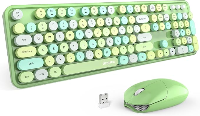 MOFII Wireless Keyboard and Mouse Combo, 2.4Ghz USB Full Size Typewriter Keyboard with Number Pad and Sport Car Mouse for PC Computer Desktop Windows (Green Colorful)