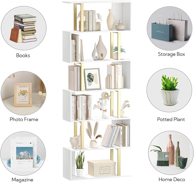 Yusong Geometric Bookcase, S Shaped Bookshelf 6-Tier Book Shelves for Bedroom, Modern Wood Decorative Display Shelf Tall Book Case for Home Office, Gold and White