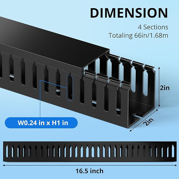 ZhiYo 66in(4X L16.5in) Professional Server Rack Cable Management Raceway, H2in x W2in Cable Raceway Kit, Electrically Safe PVC Open Slot Wire Raceway for Under Desk/Computer/Network Cords, Black