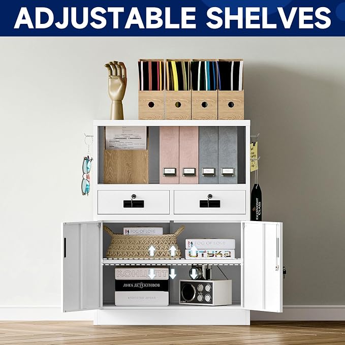 Yizosh Locking Cabinet with 2 Drawers, Metal Storage Cabinet with Locking Doors and Shelves - 41.3" Steel Lockable Storage Cabinet, Metal Cabinet for Home Office, Garage, School (White)