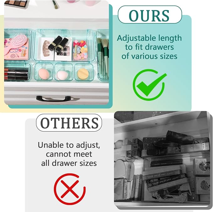 20 Pcs Adjustable Clear Drawer Organizer, Extendable Vanity Storage Bins, Desk Drawer Organizer Set for Makeup, Cosmetics, Bedroom, and Gadgets, Blue
