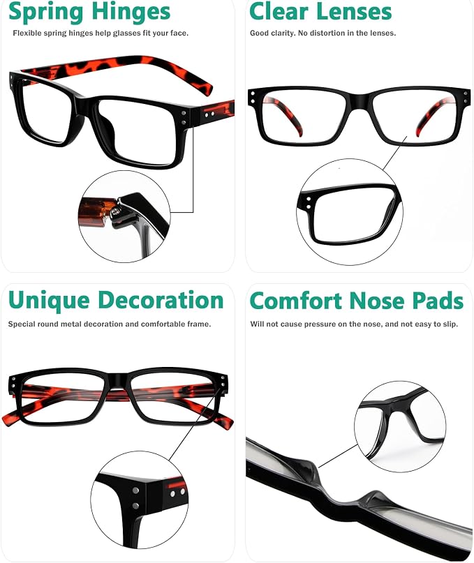 Eyekepper Vintage Reading Glasses for Men - 5 Pack Spring Hinges Classic Readers - Black Frame with Tortoie Arms +3.00