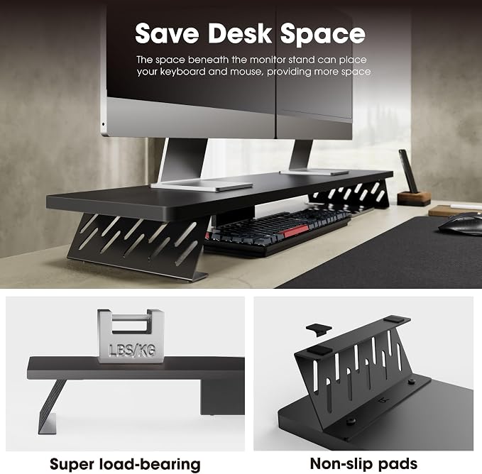 Fenge Dual Monitor Stand Riser, 42.5 Inch Desk Top Shelf for 2 Monitors, Computer Stands for Desk, Wood & Steel Desktop Riser for Laptop, PC, Printer