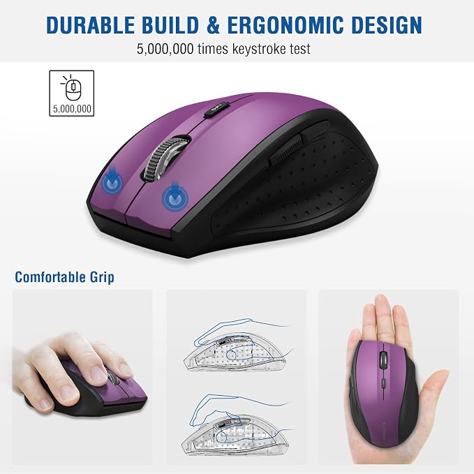 E-YOOSO Wireless Mouse for Laptop, Portable Optical Computer Mouse, 6 Buttons, Cordless 2.4GHz with USB Receiver, 5-Level 4800 DPI, 18 Months Battery Life, for PC, Chromebook, Windows, Mac(Purple)
