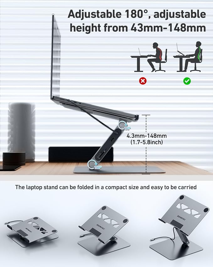 BENFEI Laptop Stand with USB C 7in1 Docking Station,HDMI 4K@60Hz,1*SD 1*Micro SD,100W Power Delivery,10Gbps 1*USB C 3.2 and 2*USB A 3.2 Compatible with MacBook Pro/Air, iPad Pro, XPS, Thinkpad