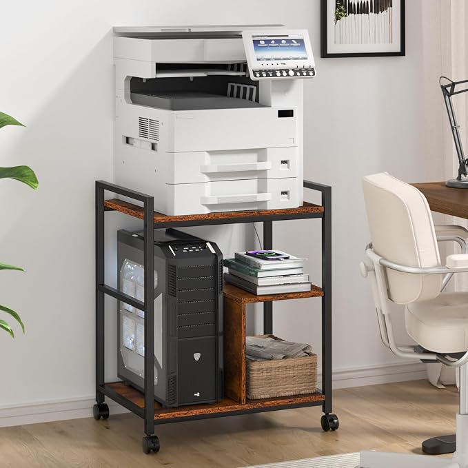 Lerliuo Printer Stand with Charging Station and USB Ports, Large 3-Tier Mobile Printer Table with Storage Shelf, Brown Rolling Industrial Printer Cart with Lockable Wheels for Home Office