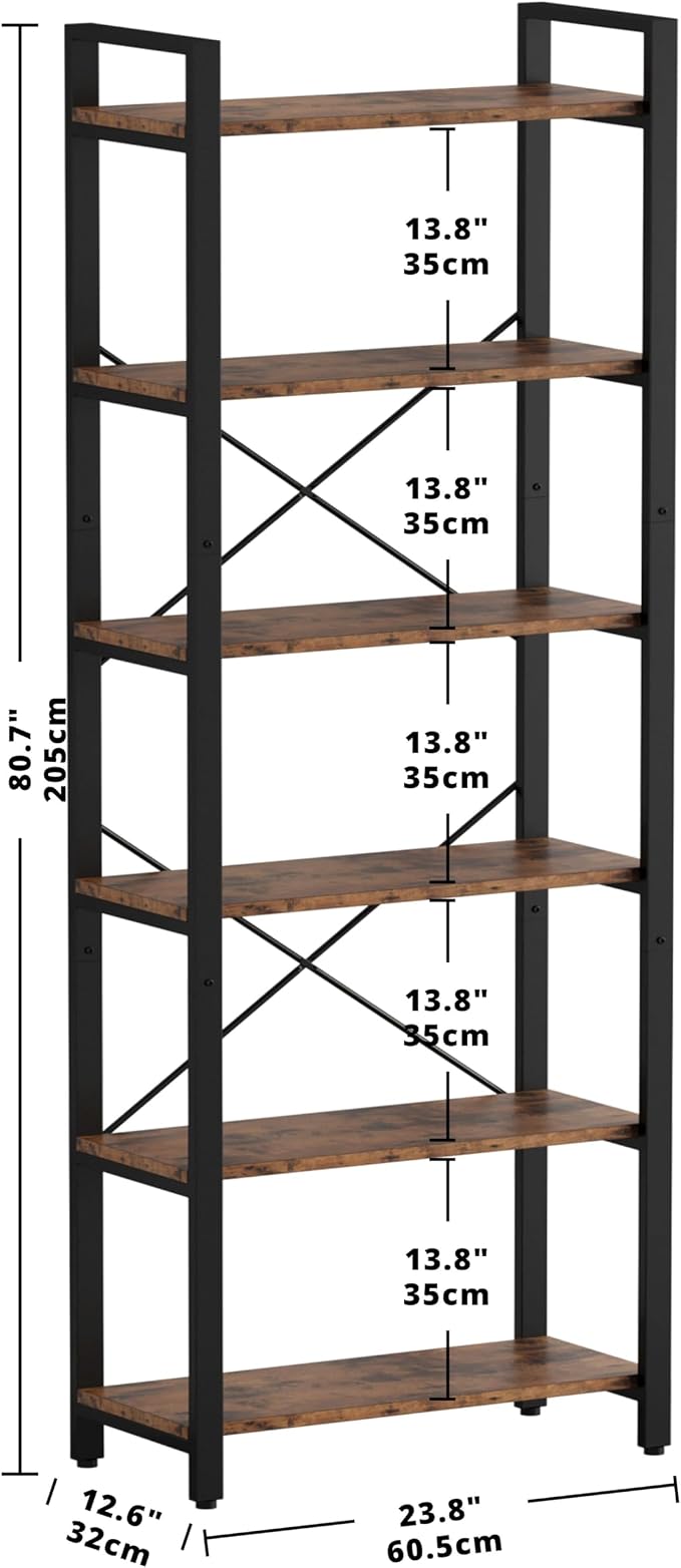 IRONCK Bookshelf 6-Tier Ladder Shelf 110lbs Display Shelf Vintage Industrial Style Bookcase for Home Office, Living Room