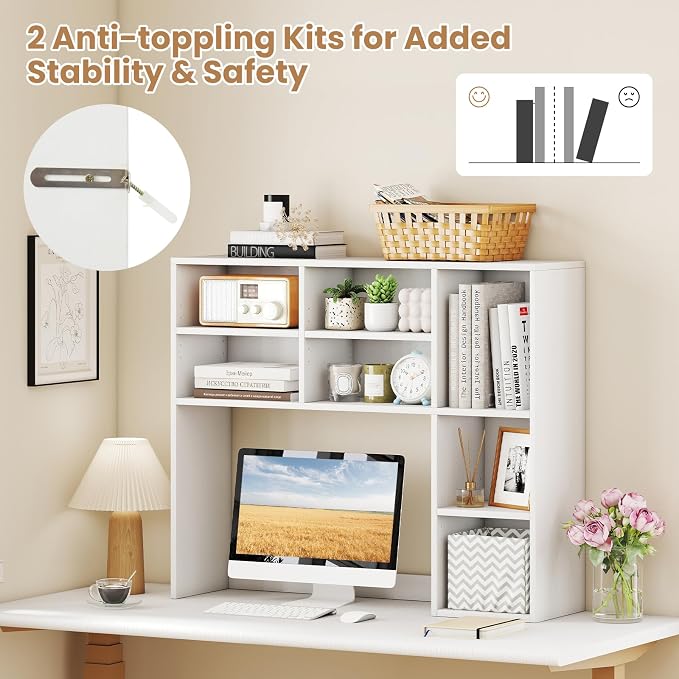 LDAILY Desktop Bookshelf, 37’’ Wood Desk Shelf with 7 Cubes & 3 Adjustable Shelves, 3-Tier Desk Display Rack, Desk Hutch for Dorm College Office Computer Monitor Up to 27’’ (White, 7 Shelves)