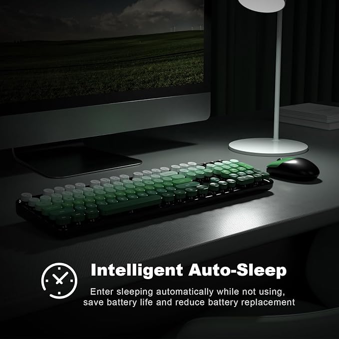 Wireless Keyboard and Mouse Combo, MOWUX Full Size Typewriter Retro Round Computer Keyboard, Cute Optical Mouse Wireless, Plug and Play, for Laptop, PC, Computer-Green Gradient Colorful