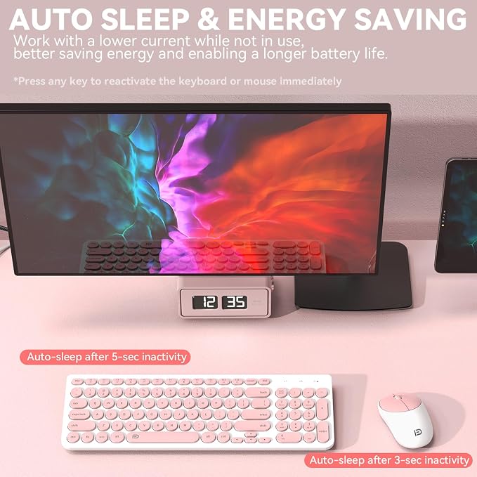 FD iK6630 Wireless Keyboard and Mouse Combo - 2.4GHz USB Cordless, Cute Round Keys, Quiet and Slim Set for Laptop, Computer, TV, and Mac - Salmon Pink & White