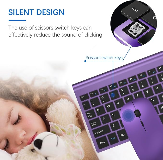 Wireless Keyboard and Mouse Ultra Slim Combo, TopMate 2.4G Silent Compact USB 2400DPI Mouse and Scissor Switch Keyboard Set with Cover, Batteries Included, for PC/Laptop/Windows/Mac - Purple Black