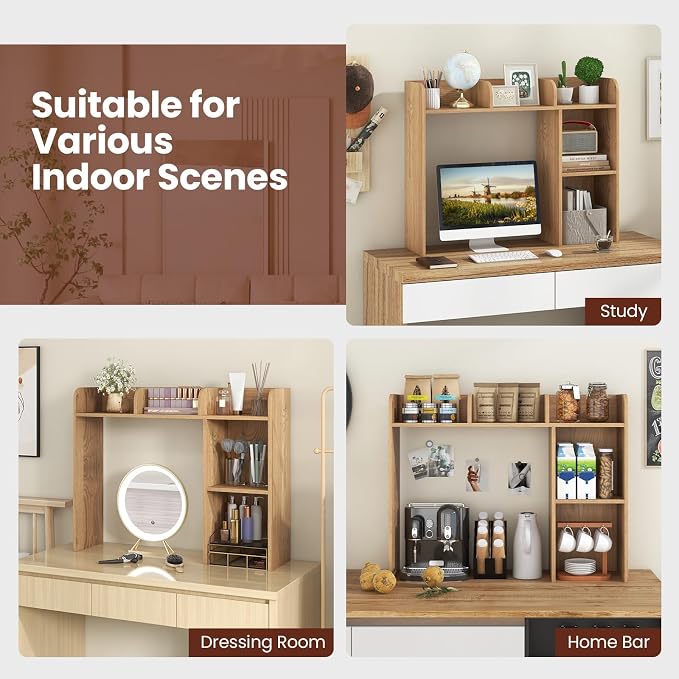 LDAILY Desktop Shelf, Multipurpose Wood Desk Hutch for Max 27" Computer Monitor, Countertop Storage Hutch with 5 Shelves, 3 Tier Desktop Display Rack for Dorm Office Home (Natural)