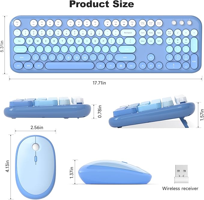 Atelus Wireless Keyboard Mouse Combo, Typewriter Full Size Keyboard with Number Pad and 2 in 1 USB Connected Mouse for PC Computer Laptop Desktop Windows 7 8 10 11 (Blue Colorful)