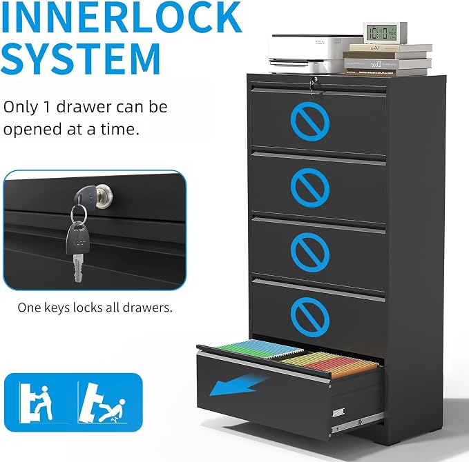 5 Drawer Lateral File Cabinet with Lock, Black Metal Lateral Filing Cabinet for Home Office, Steel Wide Filing Cabinets for Letter/Legal/A4/F4 Hanging File Folders (Black)