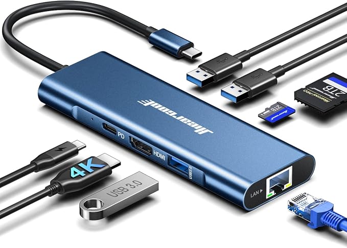 Hiearcool USB C Hub, 8in1 USB-C to 4K 60Hz HDMI Docking Station, USBC Ethernet Multi-Port Adapter 100W PD Dock Compatible for MacBook Pro Air M1 Dell HP Lenovo and Other C Devices-Midnight Blue