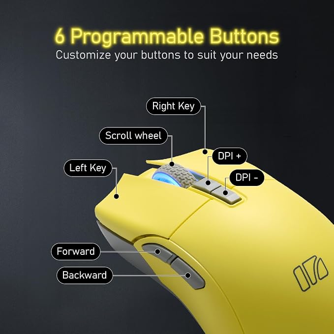 iRocks M31R Wireless Gaming Mouse, Triple Mode 2.4G/ Bluetooth/USB-C Detachable Cable Gaming Mouse, Kailh GM8.0 Switches, Advanced PixArt PAW3395 Optical Sensor, Up to 26,000 DPI - Lemon Yellow