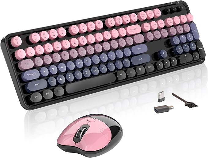 Wireless Keyboard and Mouse, MOFII 104 Round Keycaps Retro Typewriter with OTG & Brush, Full-Size Ergonomic, Ideal for Windows PC, Home, Office and College Peach Pink