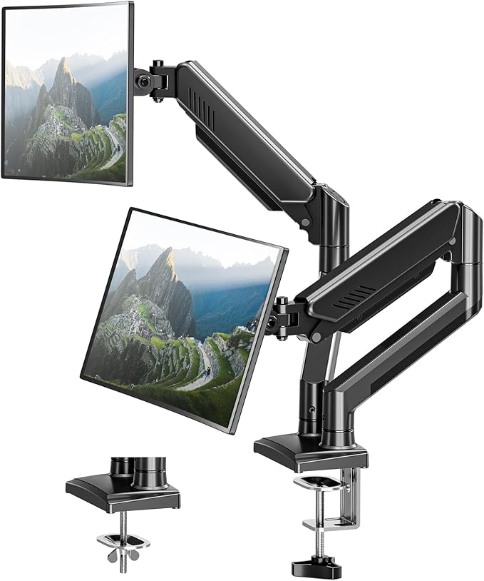 Dual Monitor Arm Desk Mount Fits 13 to 32 inch Computer Screens, Holds 4.4 to 22lbs Display VESA Mount, Adjustable Double Monitor Stand with Clamp/Grommet Base, 75/100mm Bracket, Black, Freelift