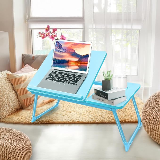 Laptop Desk for Bed Couch,Lap Desk for Laptop,Portable Laptop Stand for Desk,Small Adjustable Laptop Desk,Foldable Bed Table for Laptops and Writing, Bed Tray Table with Cup Holder(Blue)