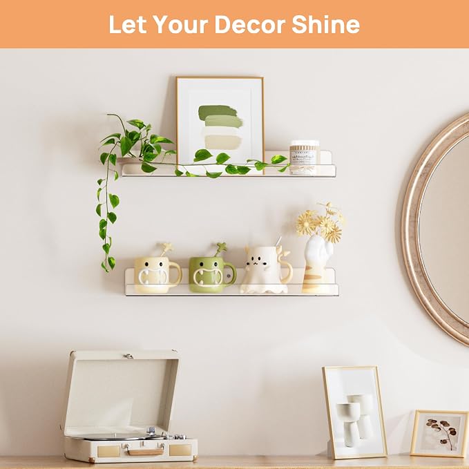 upsimples Acrylic Shelves for Bathroom Storage, 15" Floating Shelves Wall Organizer for Perfume, Make up, Skincare, Kids Bookshelf for Bedroom, Nursery, Living Room Decor, Clear, 2 Pack